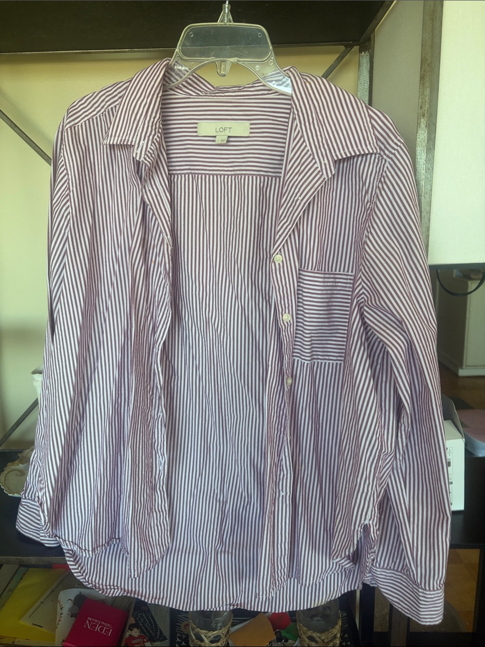 LOFT Men’s Burgundy and White Striped Button-Down Shirt